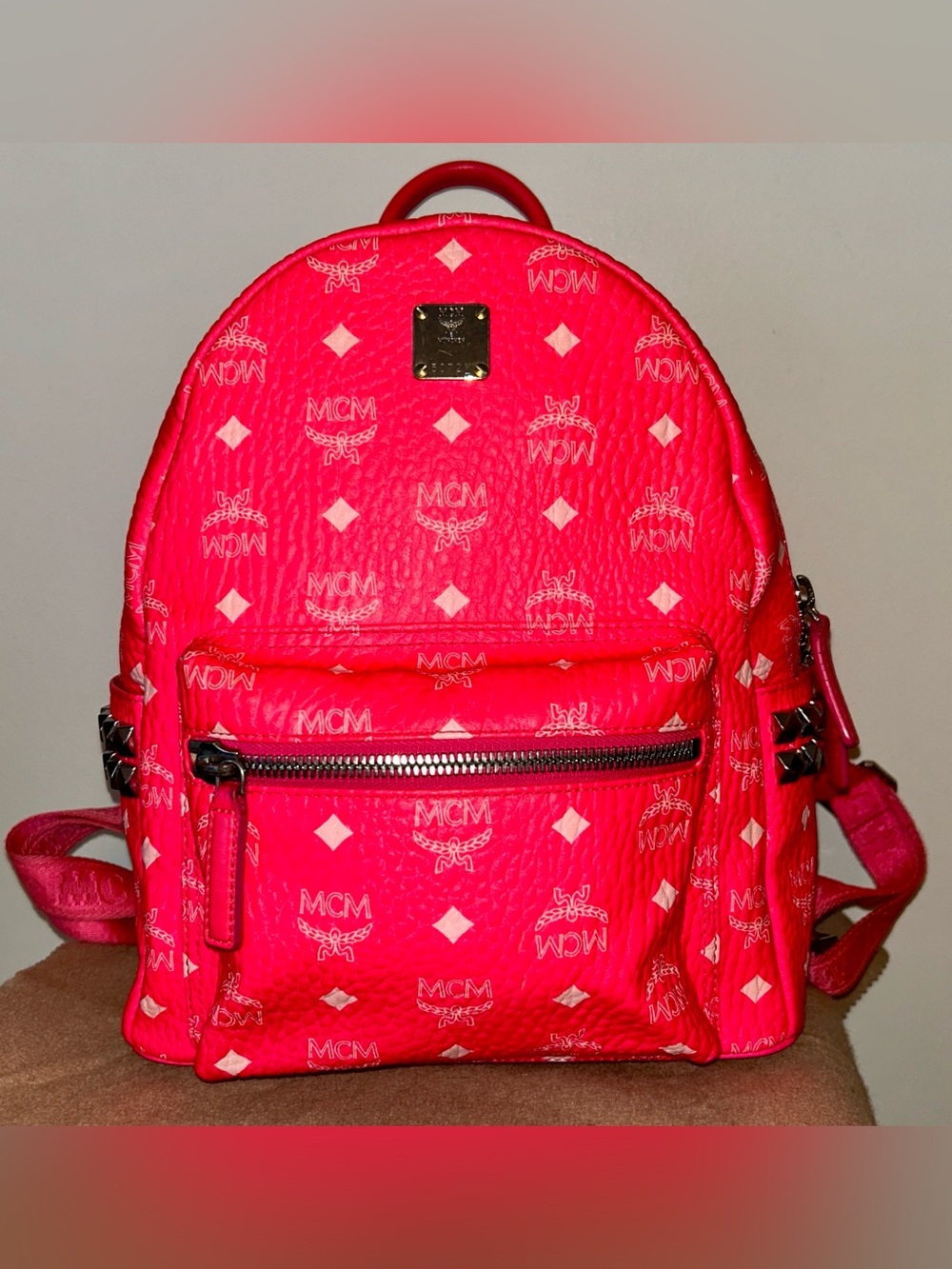 MCM Stark Visetos Side-Stud Backpack Vibrant Hot Pink.  Rare color